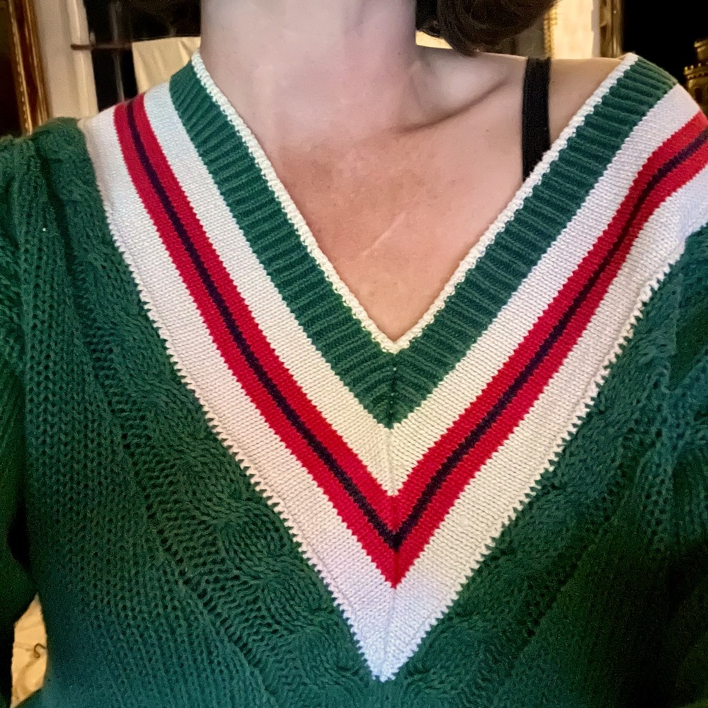 Green, rayon, preppy, v-neck, vintage sweater
